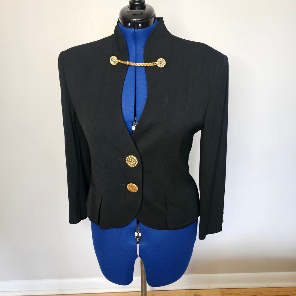 Vintage Malisy Italy Wool Blend Blazer – Black Gold Button Chain Closure Jacket